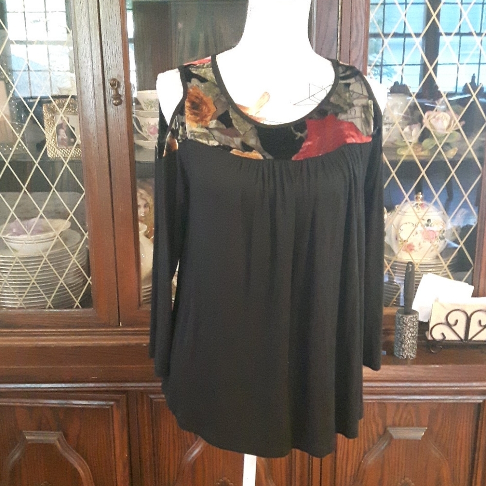 Knapp Studio Cold Shoulder Velvet & Sheer Floral Tunic Top – Size Small - Picture 3 of 14